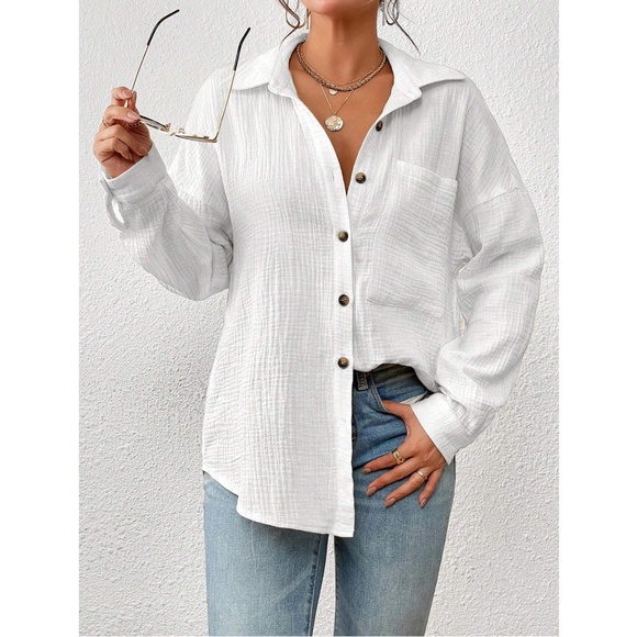 Cotton White Casual Shirt  Button Down Up Long Sleeve - Picture 4 of 16